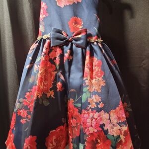 Elegant Floral Kids Dress in Navy and Red